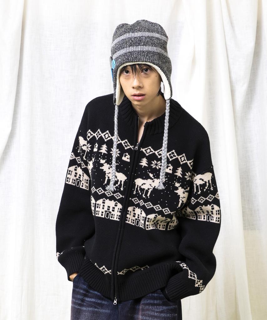GLACK Gnt071 Kevin Nordic Pattern Knit Zip-Up (Black)