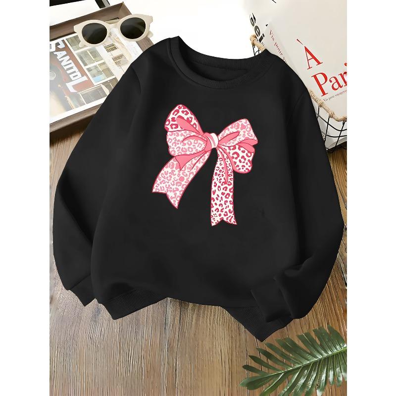 Kids Unisex Pink Crewneck Sweatshirt, Pink Leopard Print Bow Graphic Print Long Sleeve Pullover, Soft Sweatshirt for Boys Girls Over 4 Years Old 110 чёрный