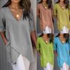 Moda feminina cor sólida irregular casual camiseta com decote em v meia manga
