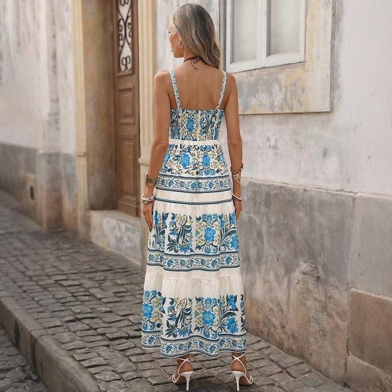 Spring and Summer New Bohemian Holiday Style Suspender Skirt European and American Ethnic Style Print Dress