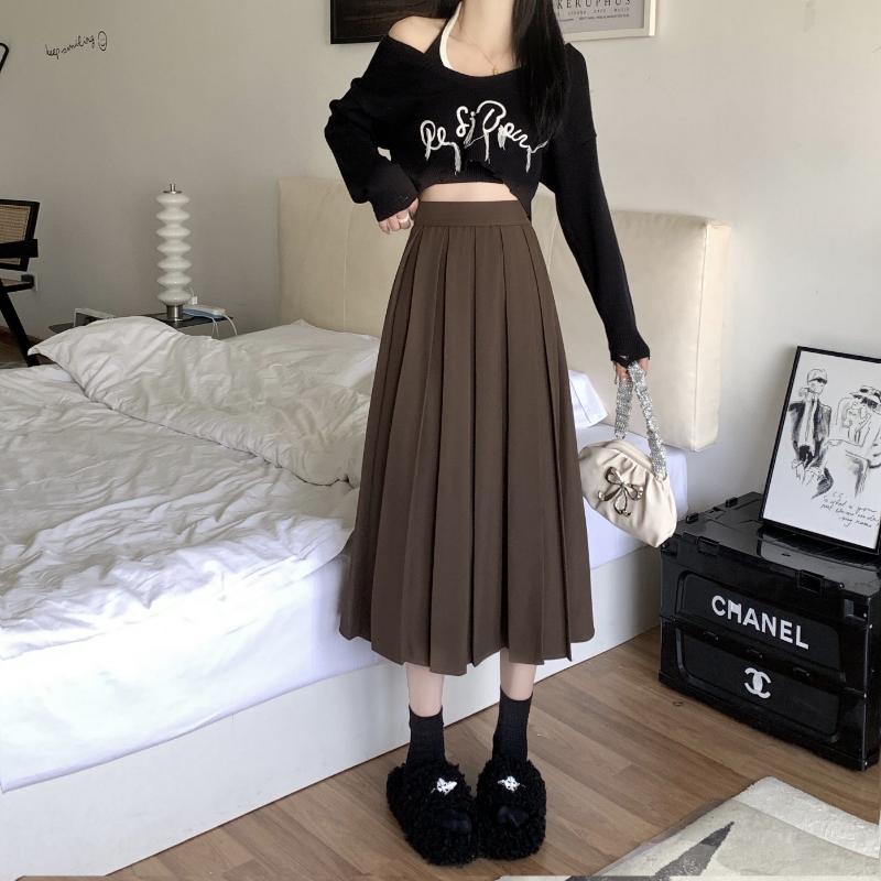 FiveFive Women Korean Style Long Black Skirt Women's Pleated Skirt Long Skirts for Women Fashion A-LINE Skirt