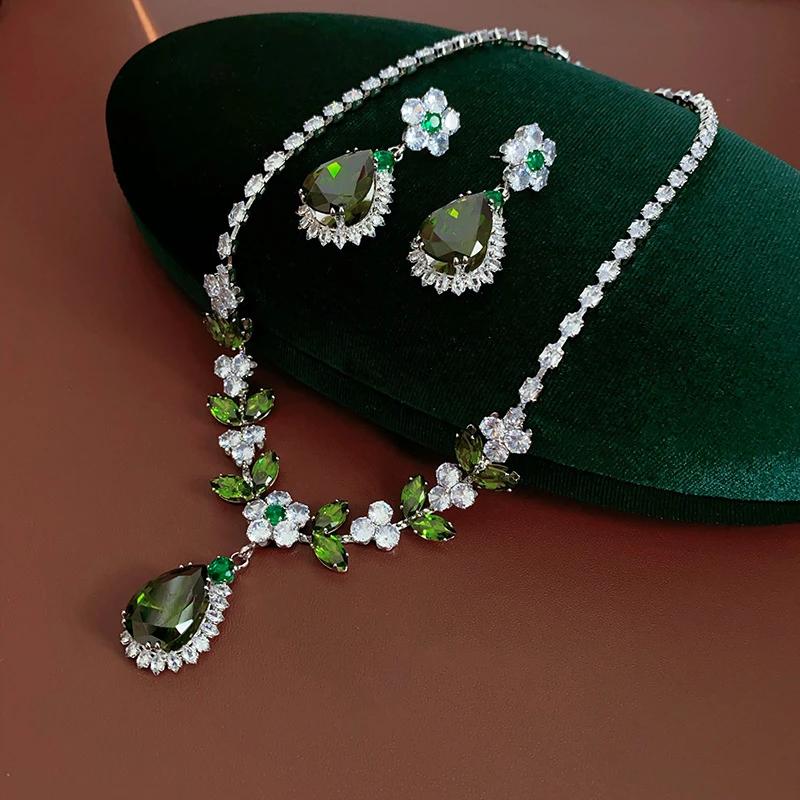

Мода 2025 Свадьба Невеста Циркон Набор Женский 3 предмета Зеленый Циркон Лист Цветок Ожерелье Новая Легкая Роскошь Серьги-капли Цепь