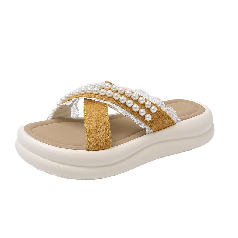 

Мода может носить жемчужные толстоподошвенные крутые тапочки 2025 лето новинка фея ветер крест с пляжными тапочками 40 жёлтый