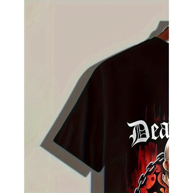 European sizes Men's Graphic T-Shirt - Edgy Skull & Chains Design with "Death Punch" Text - Black Regular Fit Short Sleeve Tee for Summer Streetwear