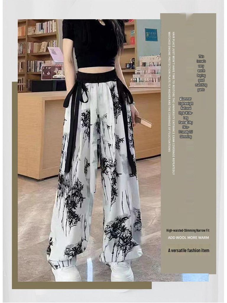 Women's High-Waist Wide-Leg Ink Wash Print Summer Trousers