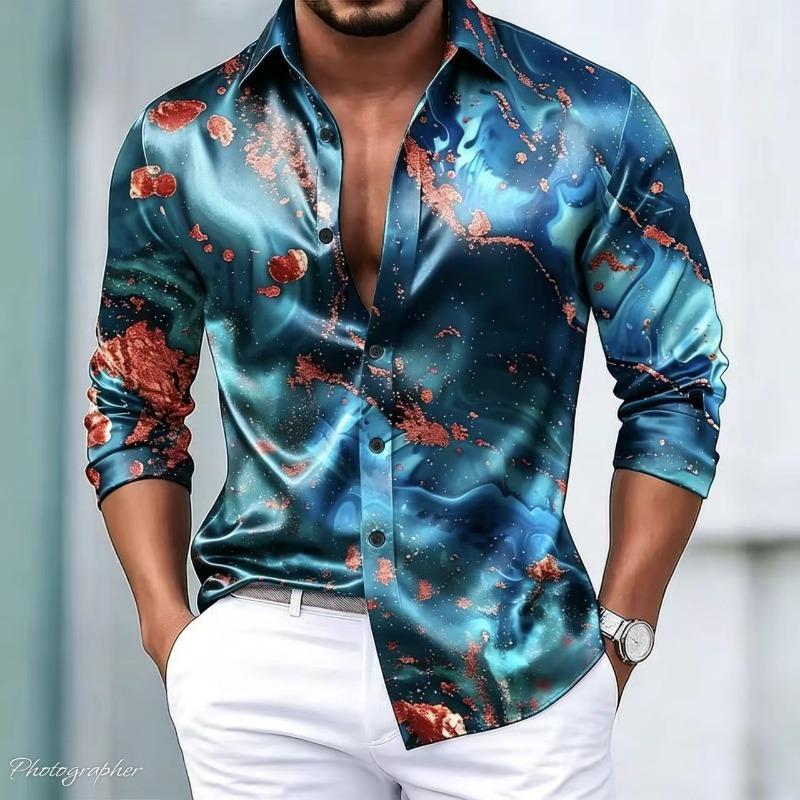Herren Luxus Satin Langarmhemd mit 3D-bedruckten Seidenknöpfen und glänzender Oberfläche, Nachtclub Party Lässiges Modehemd