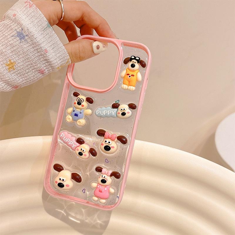 Cartoon Puppy Phone Case for IPhone16Promax Transparent Glue for Apple 15 Sequin 17 Female Model Ins