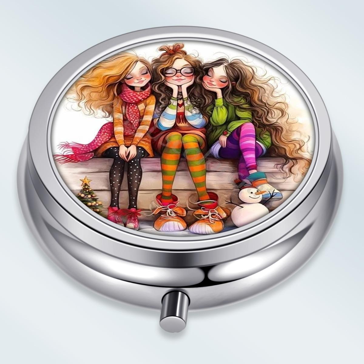 

Portable Pill Box with 3 Compartments, Mini Metal Medicine Organizer Case, Cute Printed Pill Container for Vitamins, Pills, Jewelry, Travel, Daily Use