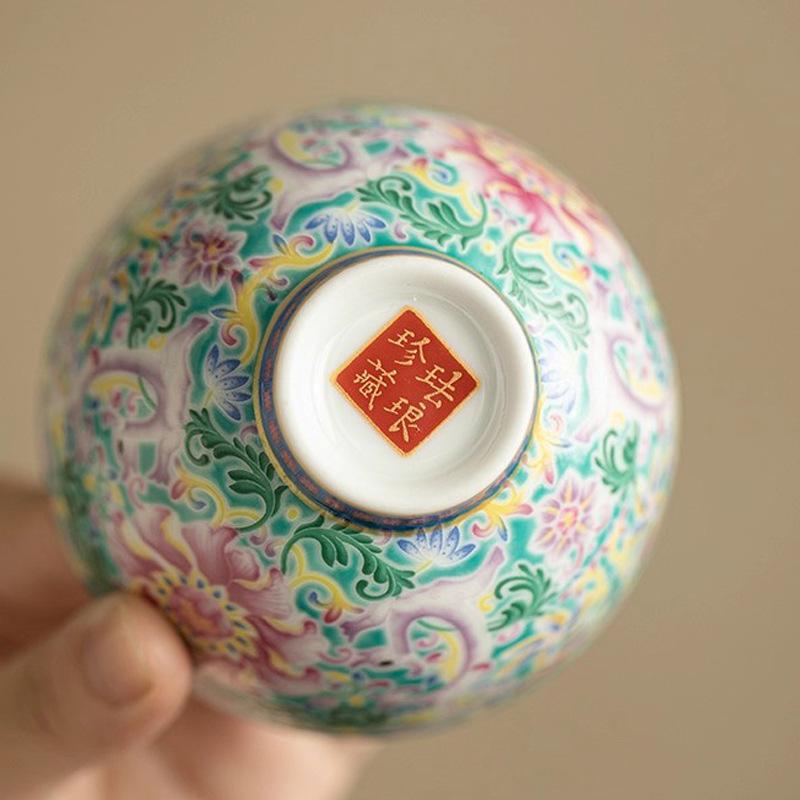 Retro Large Turquoise Green Enamel Master Cup, Single Kung Fu Tasting Cup, Unique Heart‑Shaped Ceramic Tea Bowl for Tea Ceremony