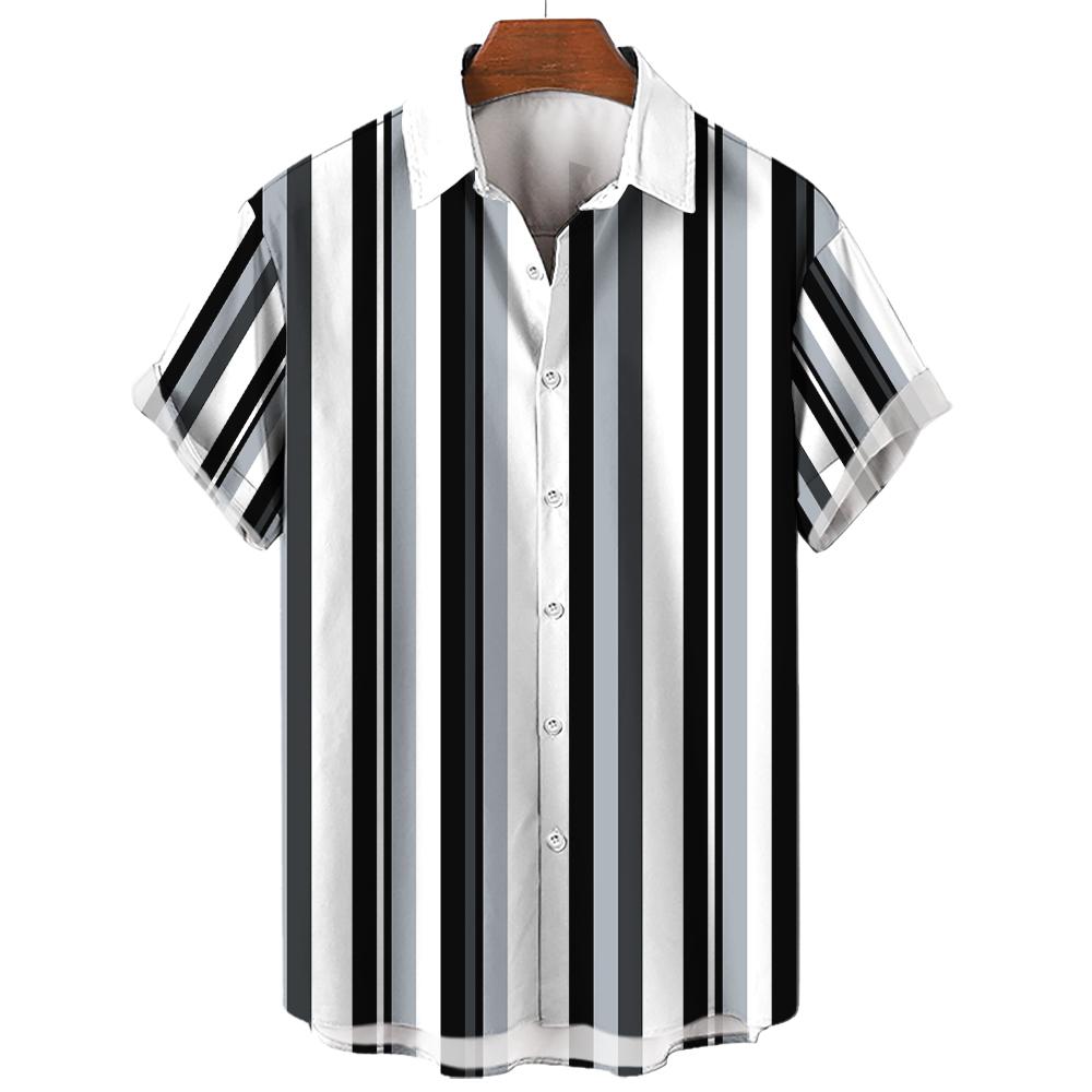 Men's Summer Stripes Casual Shirt Hawaiian3d Print Short Sleeve Beachwear Vacation Fashion Social Lapel Button Oversized Clothing
