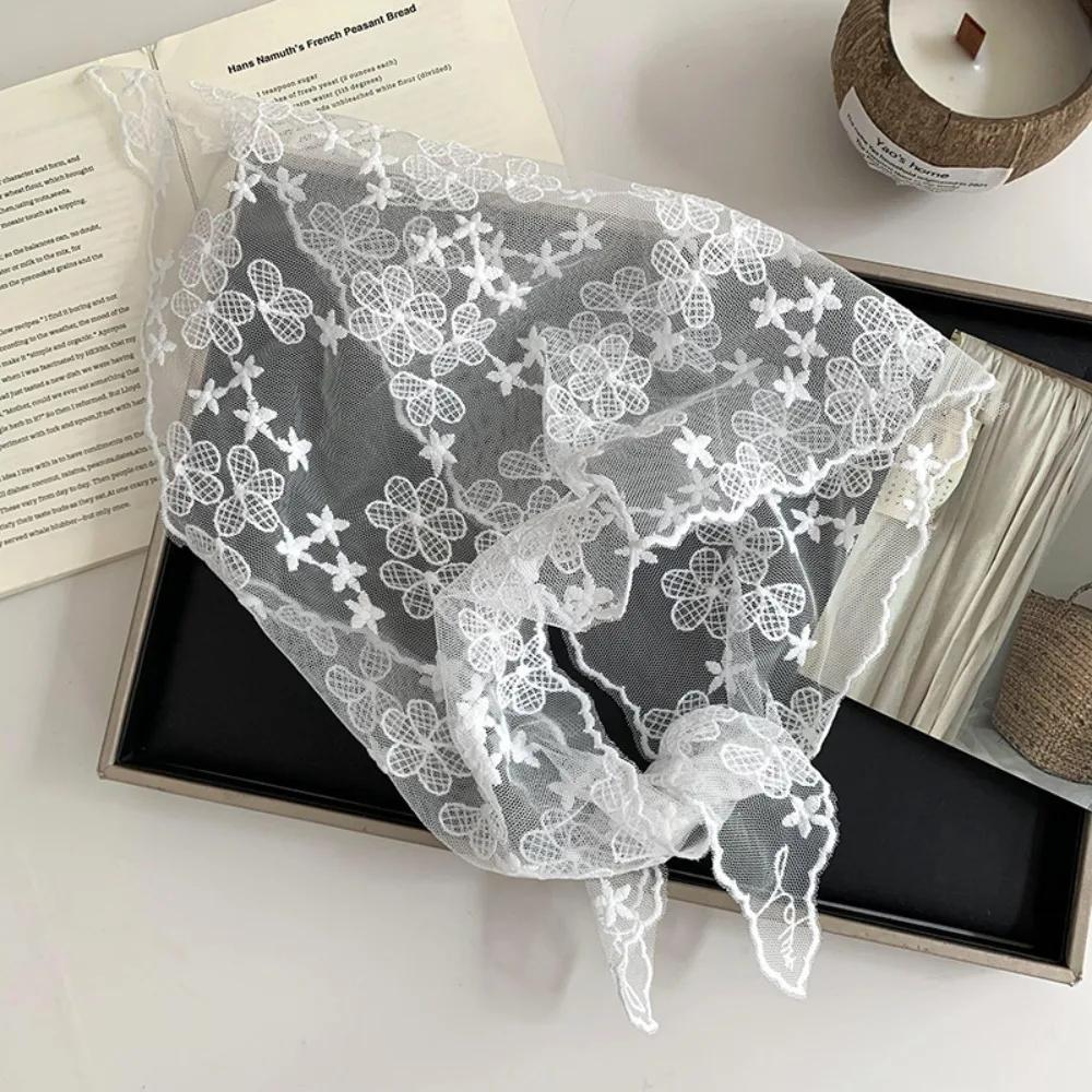 White Woven Floral Lace Hair Scarf Wraps Women Retro Breathable Retro Lace Hair Accessories Sweet Print Hair Bandana