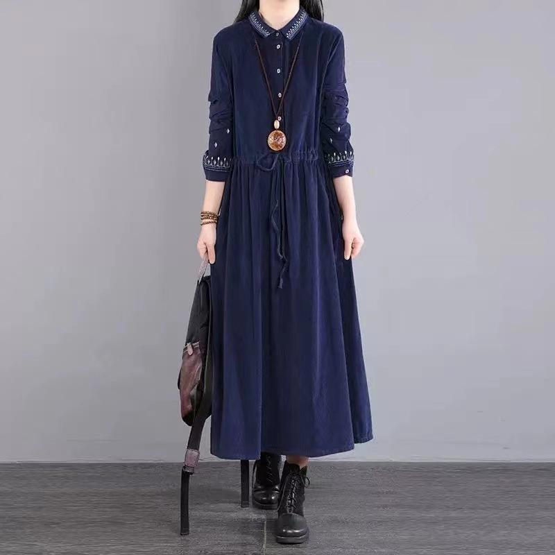 2025 autumn clothing new a-shaped single-breasted embroidered dress women's loose and thin lapel long-sleeved temperament long dress
