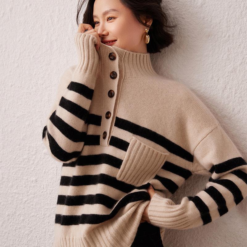 Lekasha Cashmere Striped Knit Sweater - Versatile, Skin-Friendly, Loose Fit for Autumn/Winter