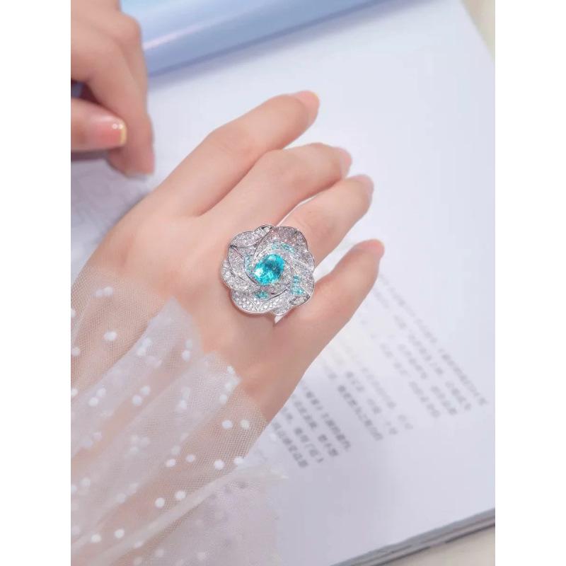 Indifferent Style Niche Design Light Luxury Paraiba Gemstone Blue Crystal Open Index Finger Ring for Women
