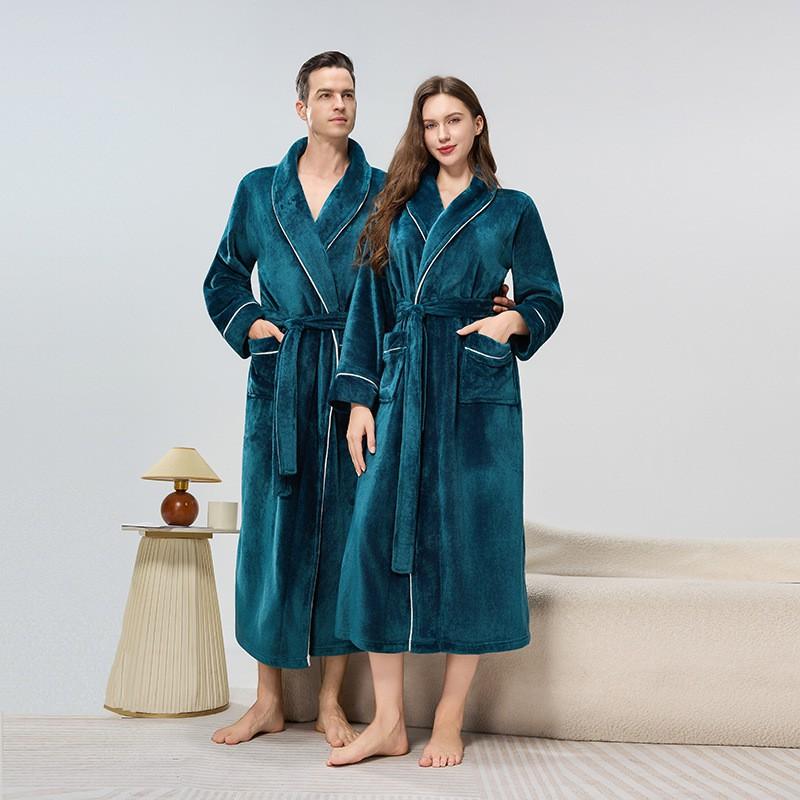 Unisex Flanel Bornoz Erkek Kadın Kalın Sıcak Pijama Bornozu Kışlık Ev Kullanımı
