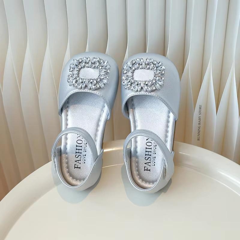 Rhinestone Square Buckle Princess Shoes Girl Summer Girls Sandals Toe-covered Anti-kick School Wedding Party Shoes Child I04163