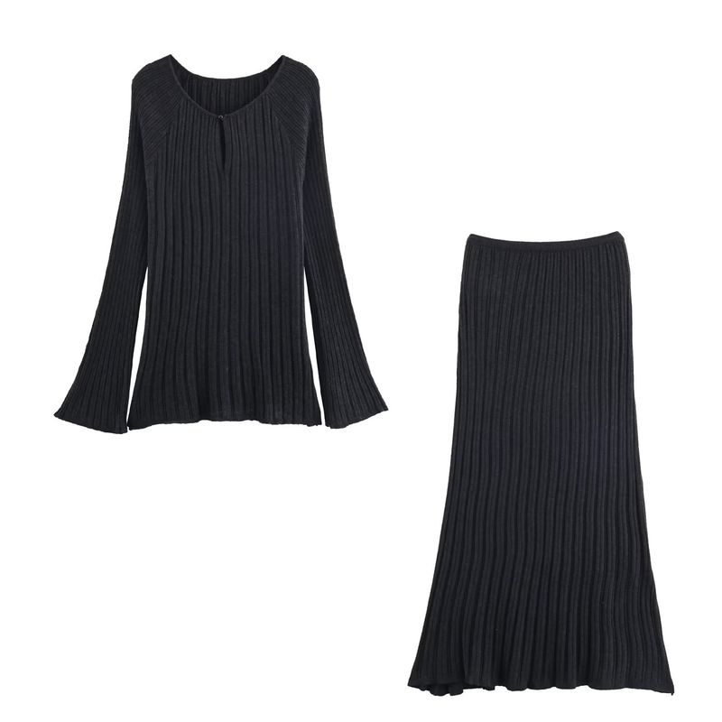 

За Осень Новая Женская одежда 2025 Западный стиль Мода Простой воротник Пряжка Длинный рукав Топ Миди Длинное платье Комплект Black L