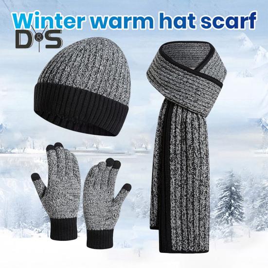 3 Pcs/Set Unisex Winter Beanie Scarf Gloves Set Thick Knitted Warm Cap Touchscreen Gloves Elastic Ear Protection Windproof Winter Outdoor Cycling