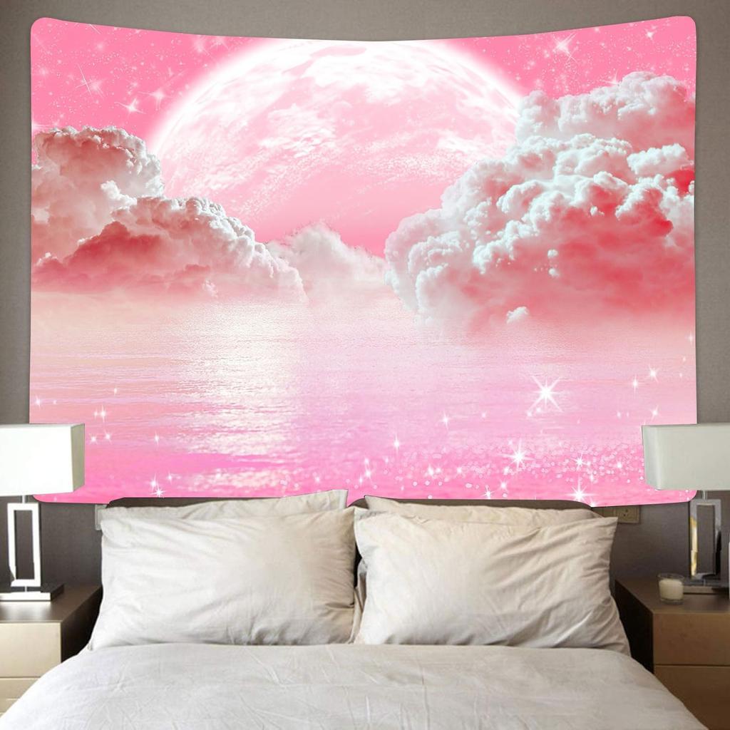 Pink Clouds Sky Tapestry Ocean Moon Stars Nature Landscape Tapestry Fantasy White Cloud Aesthetic Tapestries Wall Hanging for Girls Women Nursery