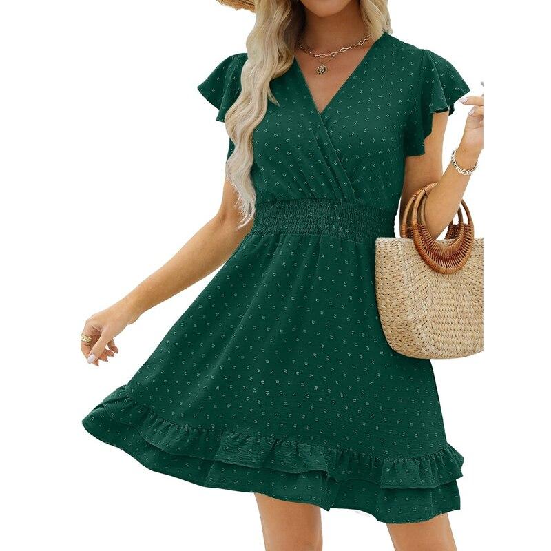Summer  High Waist White Dress Sweet V-Neck Ruffle Short Sleeve Dot Dress Casual Cotton Linen Beach Mini Dress Vestidos 25628