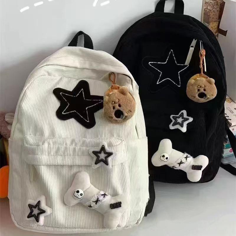 Teen Student Large Capacity School Bookbag Y2K Girls Star Pattern Laptop Backpack Corduroy Rucksack Double Strap Shoulder Bag
