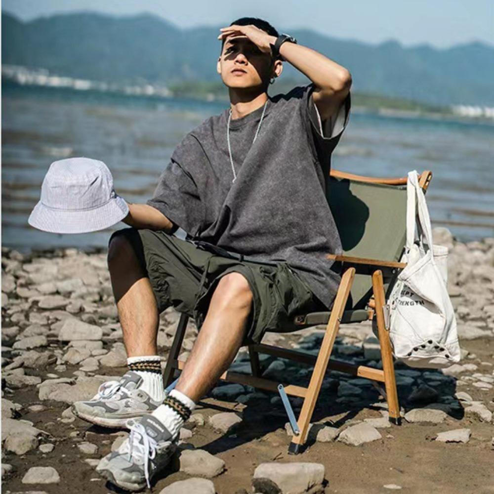 230G Praná Vintage Pánské Tričko s Krátkým Rukávem, Všestranné Jednobarevné Volného Střihu s Kulatým Výstřihem, Trendy Top Ins