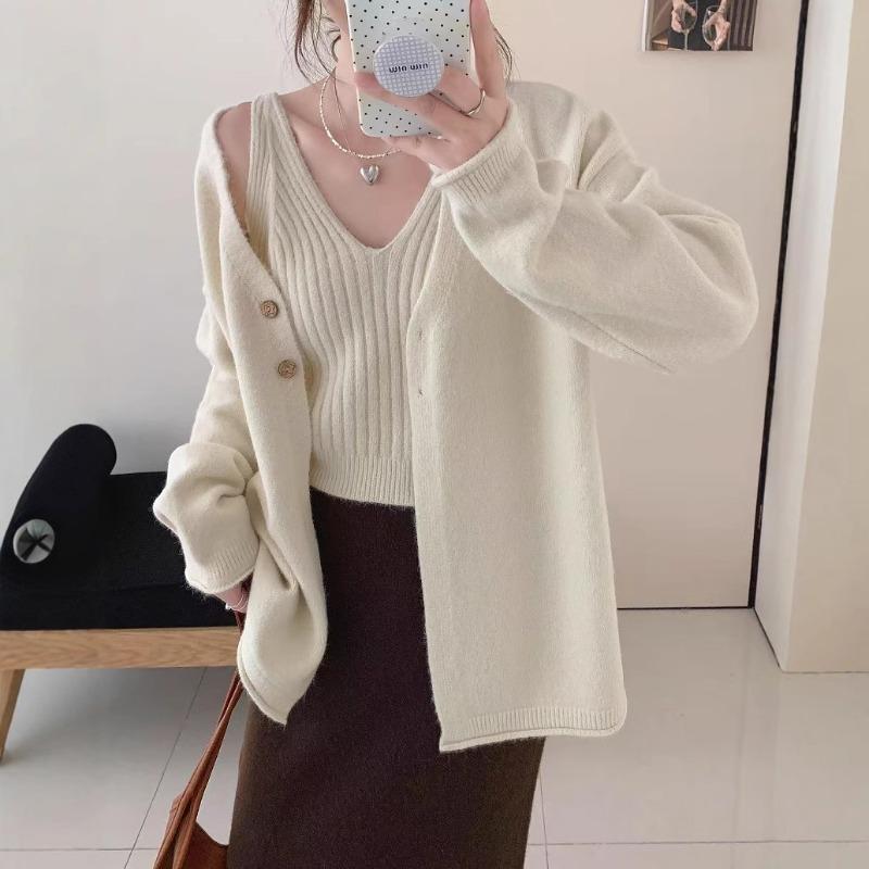 Lazy Wind Knitted Sweater Cardigan Sweater Jacket Top with V-neck Sling Vest Simple Two-piece Set Women