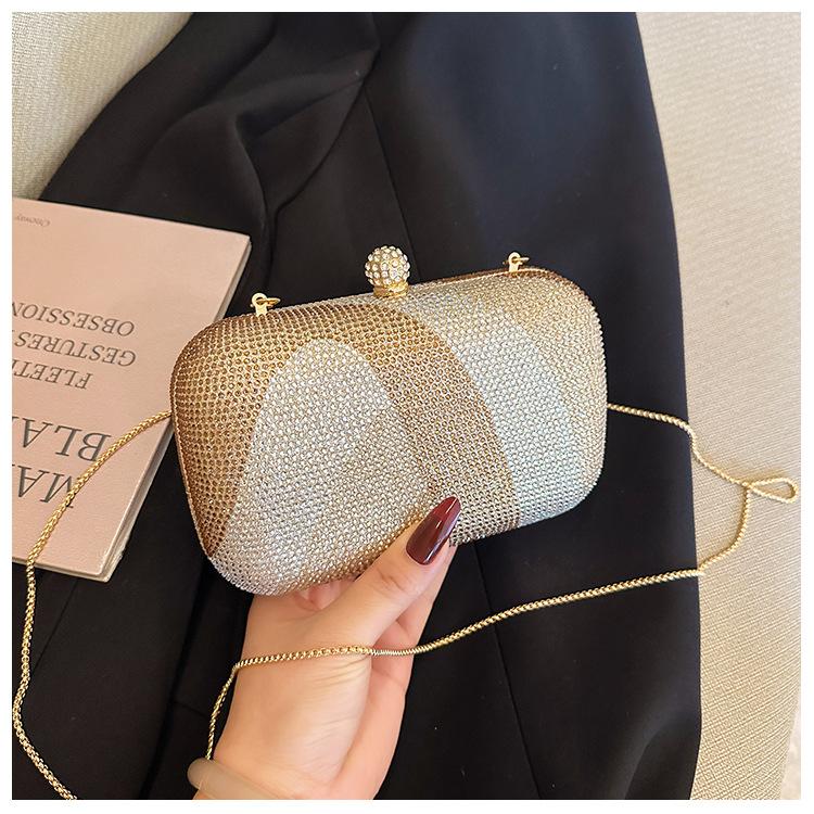 Light Luxury Women'S Dinner Bag Contrasting Color Shiny Rhinestone Clutch Bag Banquet Wedding High-End Chain Evening Bag