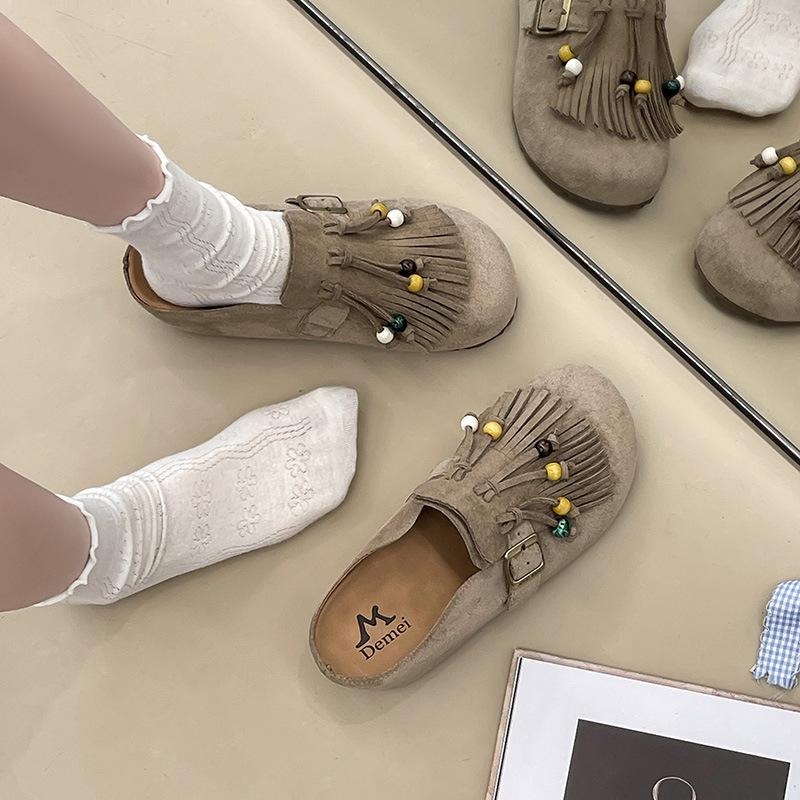 2025 autumn new tassel beaded matte leather flat-bottomed slippers women's casual shoes belt buckle inner heightening bag head drag