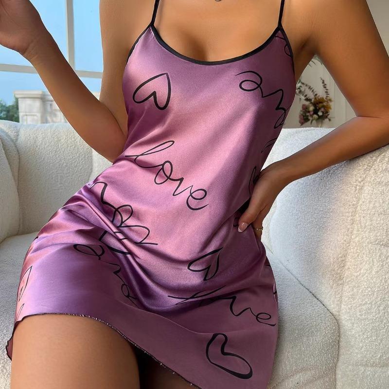 Heart Print Nightdress Elegant Scoop Neck Criss Cross Back Sleep Dress Women's Sleepwear