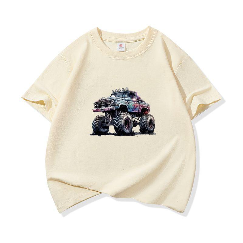 Kids Cotton T Shirt Cool Cartoon Offroad Vehicle Print Crew Neck Short Sleeve Tee Casual Boys Girls Summer Tops