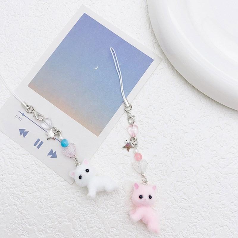 Sweet Phone Chain Strap Lanyard Flocking Cat Bead Pendant Phone Charm Hanging Decoration Cute Phone Accessories