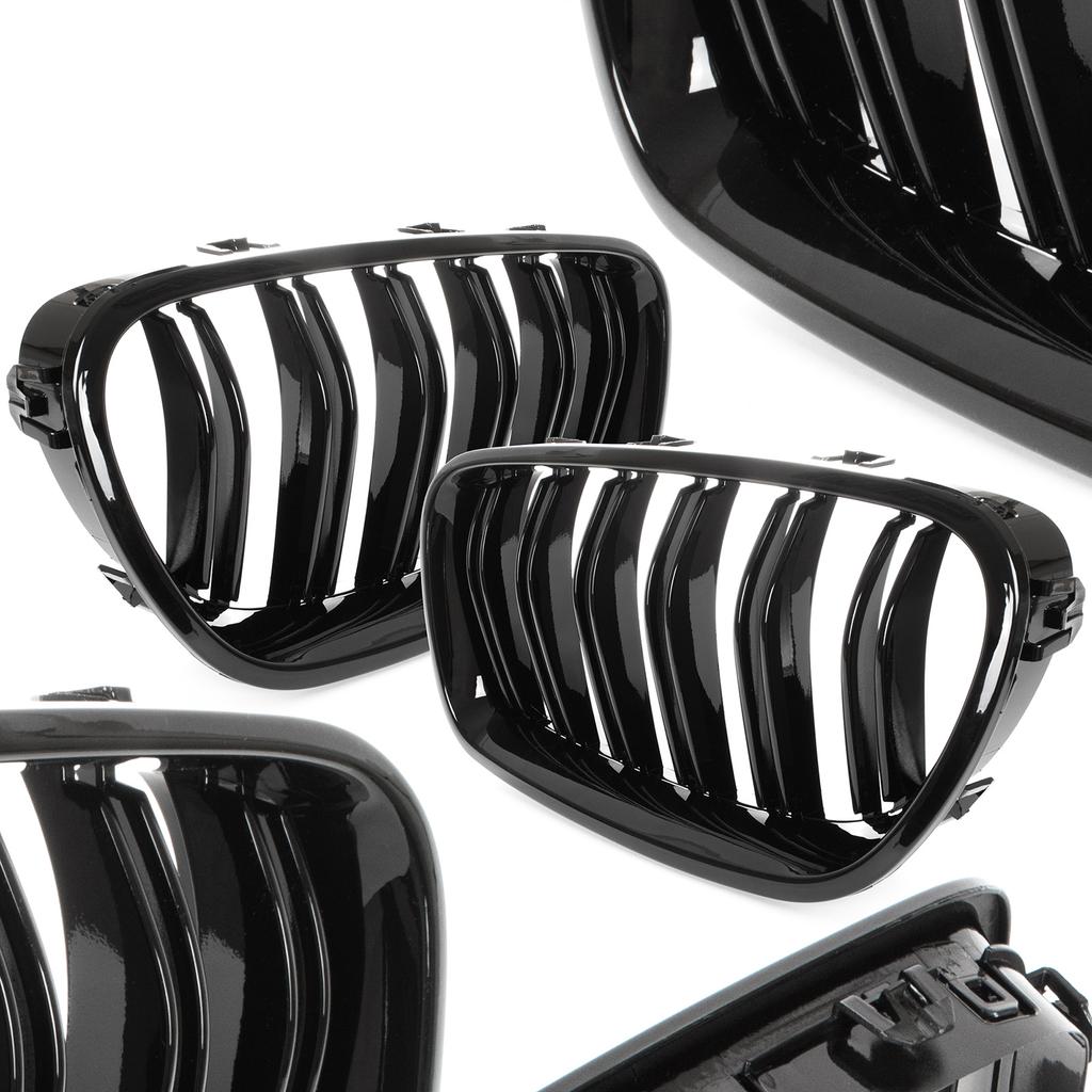BMW 5 F10 / F11 10-17 Kühlergrill zwischen den Scheinwerfern (Nieren) linkes + rechtes Set SCHWARZ GLÄNZEND DOPPELSTREIFEN
