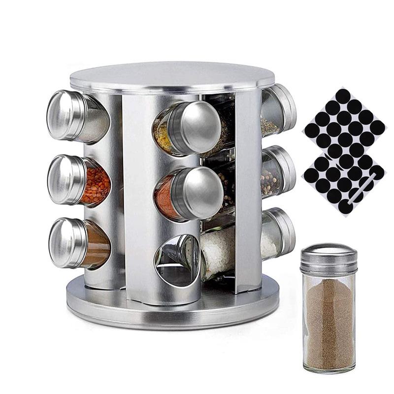Étagère à épices rotative avec 12/16/20 pots, organisateur d'assaisonnement rotatif avec étiquettes, carrousel à épices en acier inoxydable pour comptoir de cuisine, armoire