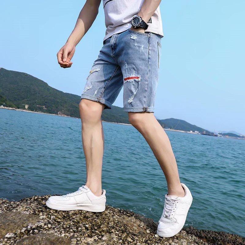 Summer Men's Korean Fashion Five-point Torn Shorts Jeans Knee