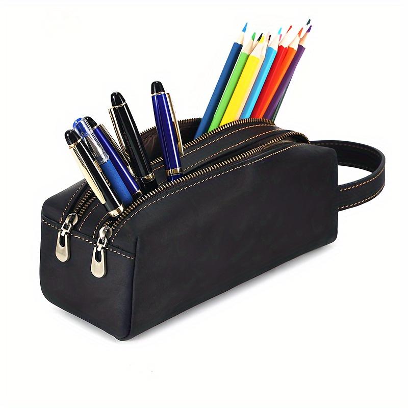 Vintage Leather Pen Box, Simple Large Capacity, Creative Double Layer, Zipper Storage Bag, with Back to School Gift