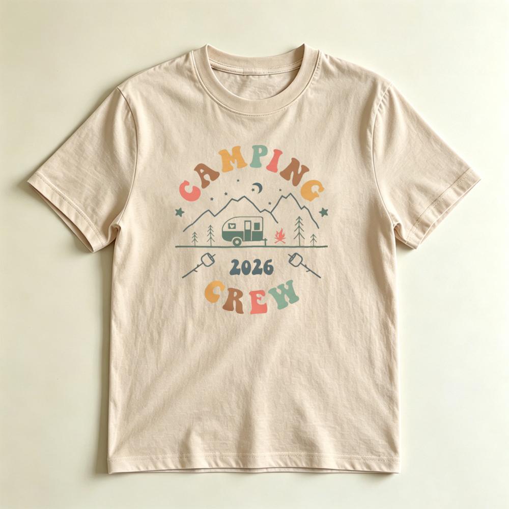 2026 Camping Crew Retro Rainbow Graphic TShirt Vintage Mountain Camper Tee Family Group Camping Trip Matching Casual Shirt
