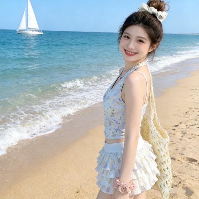 Fruit Print Cute Pure Desire Style Girl Student Conservative Split Skirt Swimming Suit Female Hanging Neck Soak In Hot Vacation