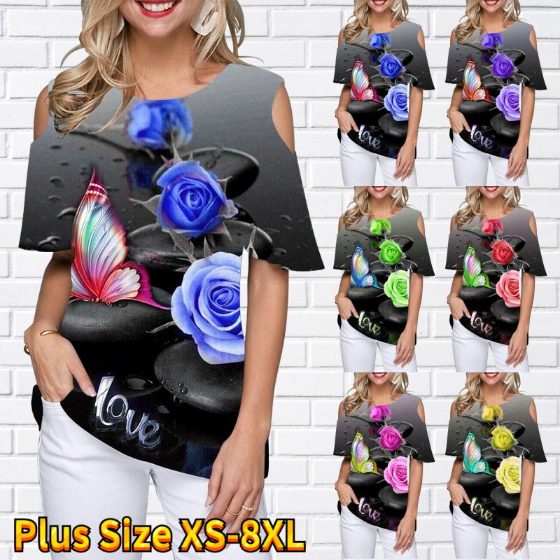 

Лето 2023, женская футболка, модная повседневная свободная элегантная футболка с открытыми плечами и коротким рукавом, круглый вырез, пуловер с цветочным принтом