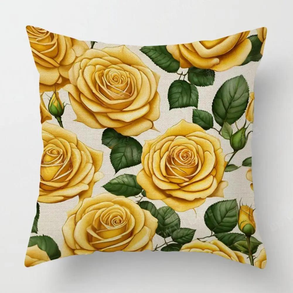 Home Decor Yellow Roses Floral Pattern Pillow Cover Pattern Cushion Cover Suitable For Sofa Bedroom Car Pillow Cover