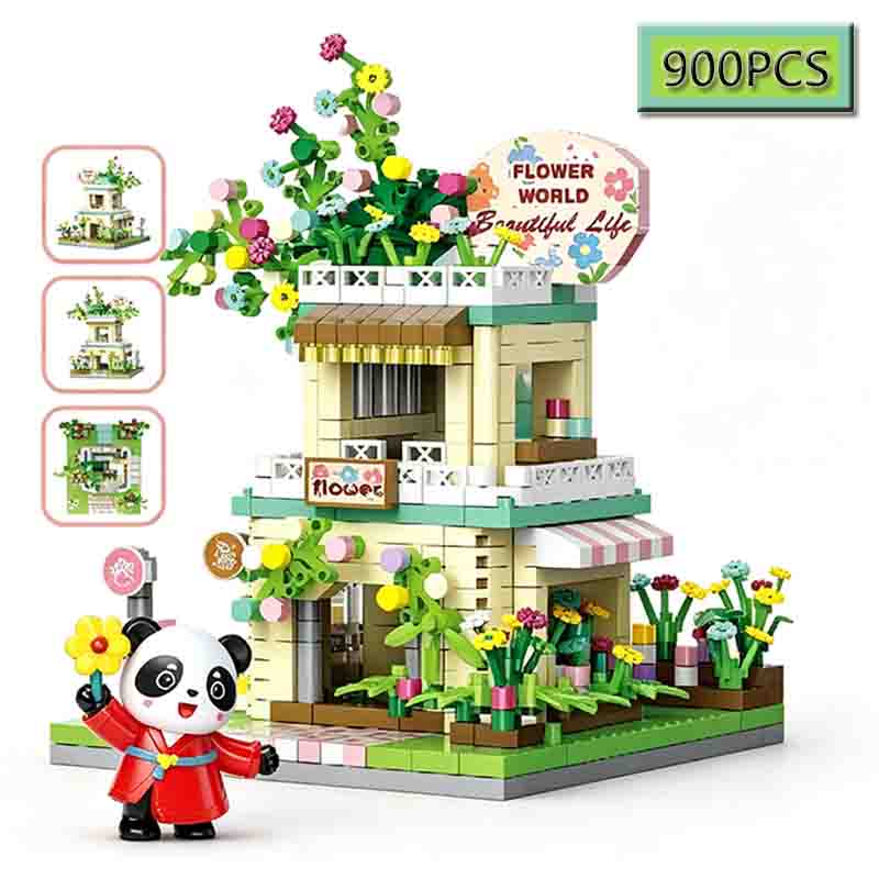 Moc 900Pcs Trendy Ice Cream Flower Shop City Street View Building Model Ornaments Building Blocks Diy Children'S Puzzle Toys