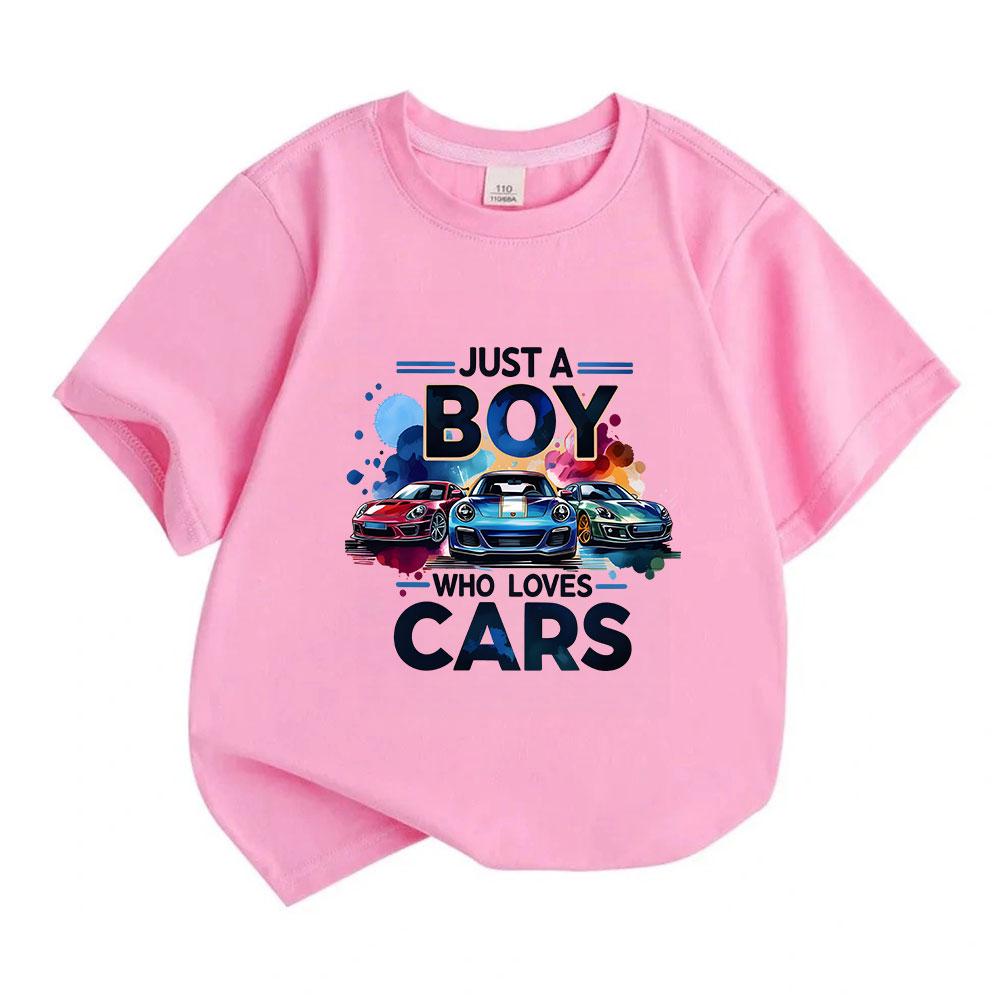 Cute Kids Boys Girls 100% Cotton Short Sleeve Crew Neck T-Shirt, Just A Boy Who Loves Cars Printed Casual Soft Tees For Children Racing Car Lover Gift