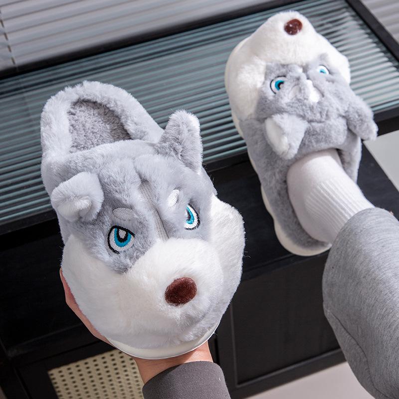 Fashion New Unisex Husky Cartoon Slippers Winter Plush Lined Anti-Slip Indoor Home Shoes Warm Comfortable Couples Fuzzy House Booties