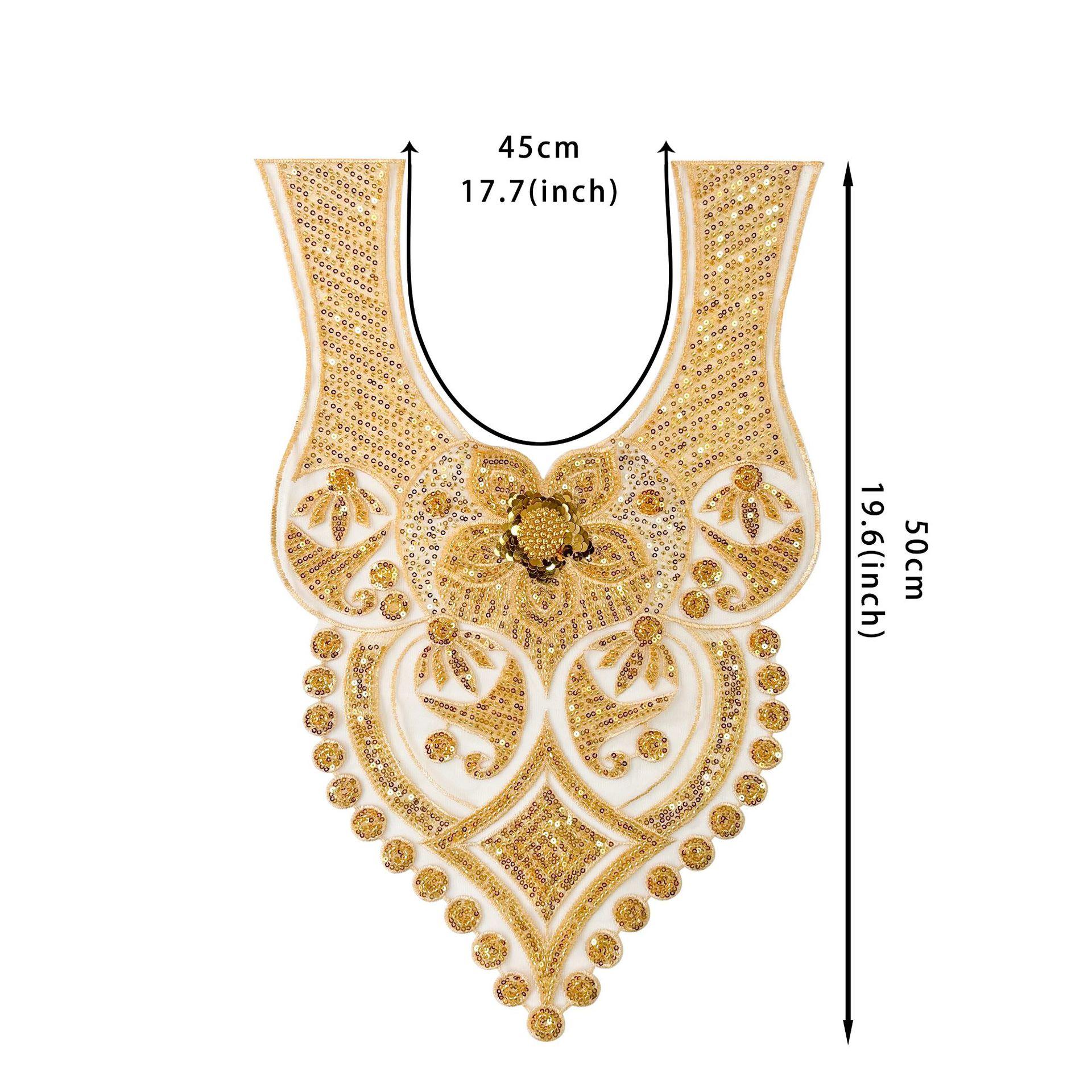 

Тяжелая промышленность Роскошный Золотой Бисером Пайетки Декаль Одежда Платье Одежда для танцев Одежда для выступлений Декоративные Наклейки из ткани для переднего воротника Аксессуары H6117