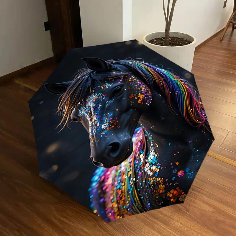 

Colorful Sequin Horse Head Automatic Opening Folding Umbrella with Rainbow Mane - Outdoor Rain Gear for Fans, Travelers, Everyday Use, Festi