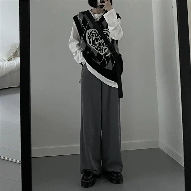 Gothic Streetwear Schwarz Plaid Stricken Weste Frauen Harajuku Übergroßen Pullover Ärmellose V-ausschnitt Lose Grafik Tops Punk Y2K