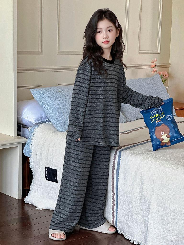 2025 Girls' Striped Cotton Pajamas Set - Long Sleeve Autumn Homewear for Little & Big Girls