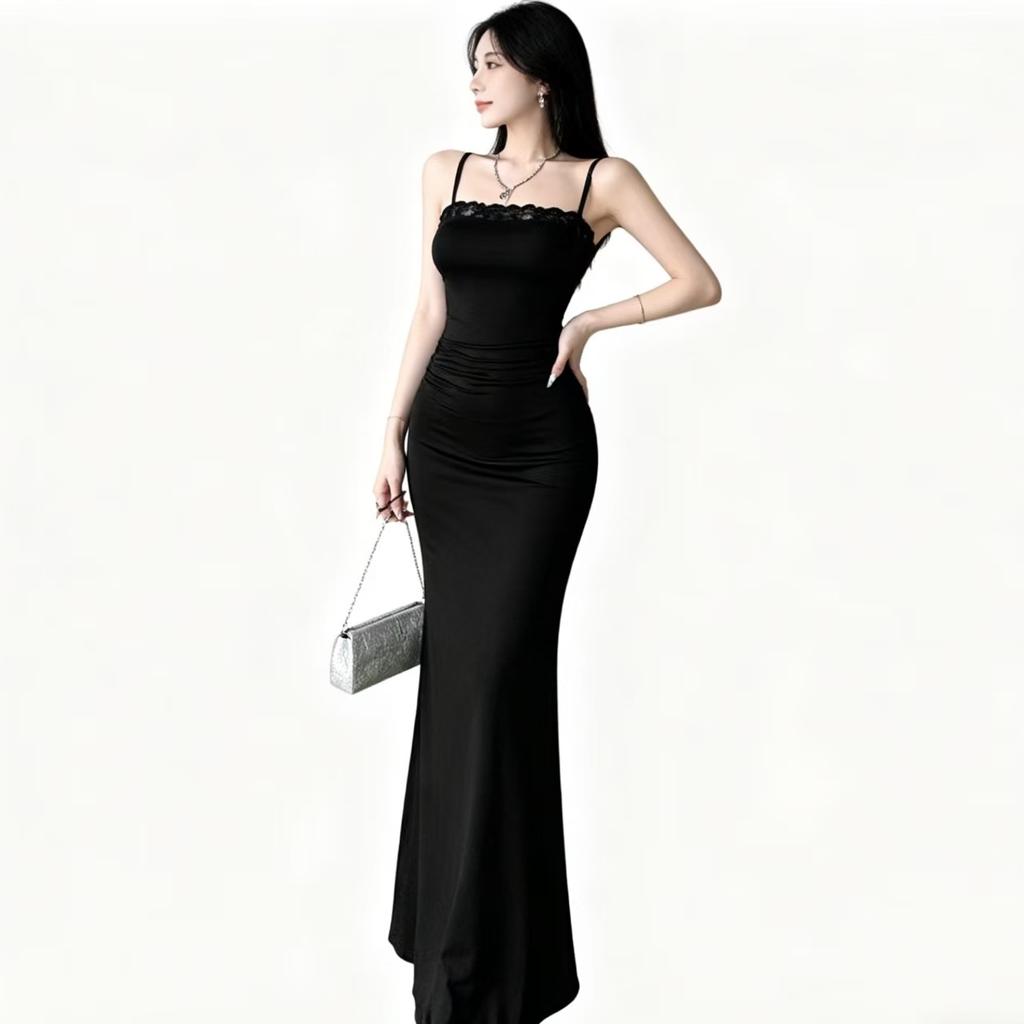 French Celebrity Lace Splicing Suspender Dress Women Skinny Waist Pinched Spice Girls Date Wear Long Dress Outside