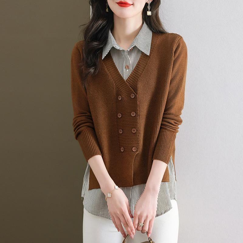 Autumn Winter Polo-neck Fake Two Pieces Casual Fashion Sweaters Women Vintage Bottomed Knitting Top
