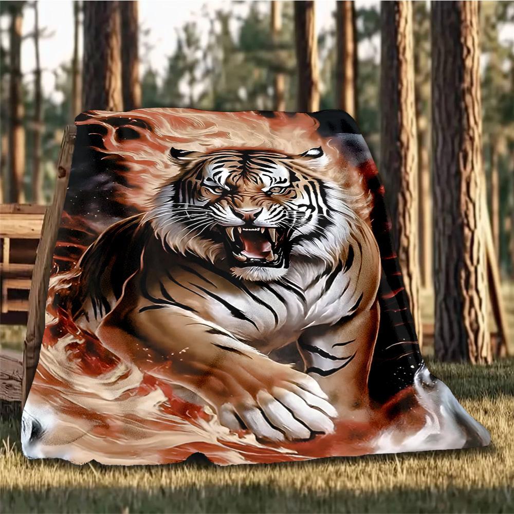 1pc Tiger Flame Design Print Outdoor Blanket, Lightweight Polyester,